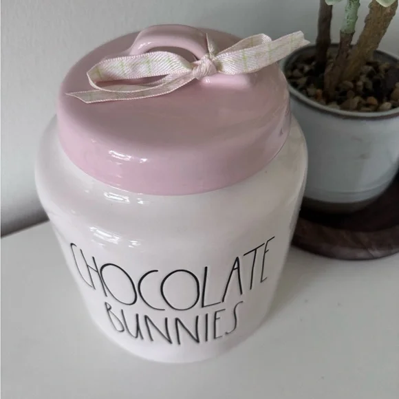 NEW Rae Dunn Chocolate Bunnies Canister 8.5” Tall | Pink Lid - Picture 2 of 6